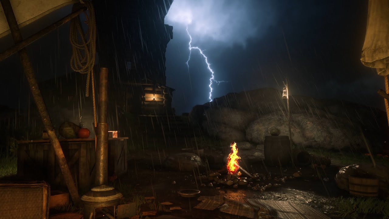 5-Minute Sleep Hack Rain & Thunderstorm with Cozy Fire  RDR2 Atmosphere
