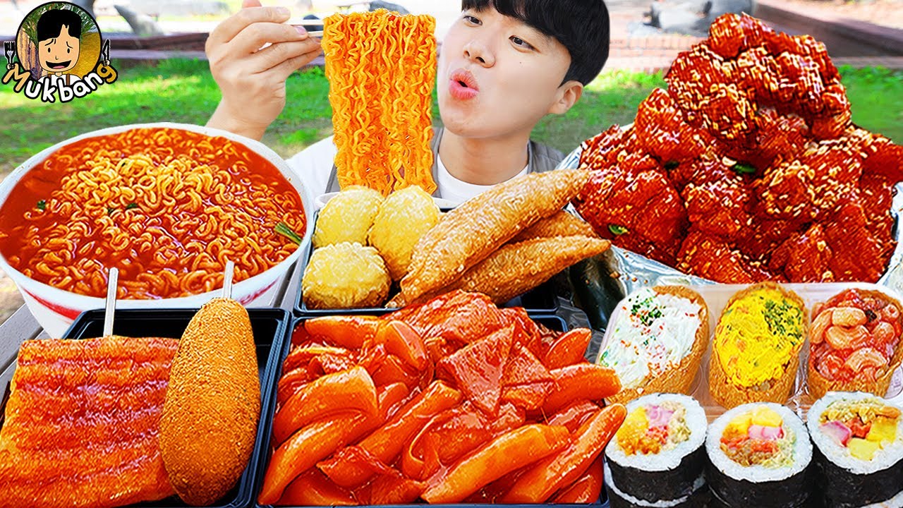 ASMR MUKBANG | РИСОВЫЙ ТОРТ, острая лапша, кимбап, ветчина рецепт ! принимать пищу