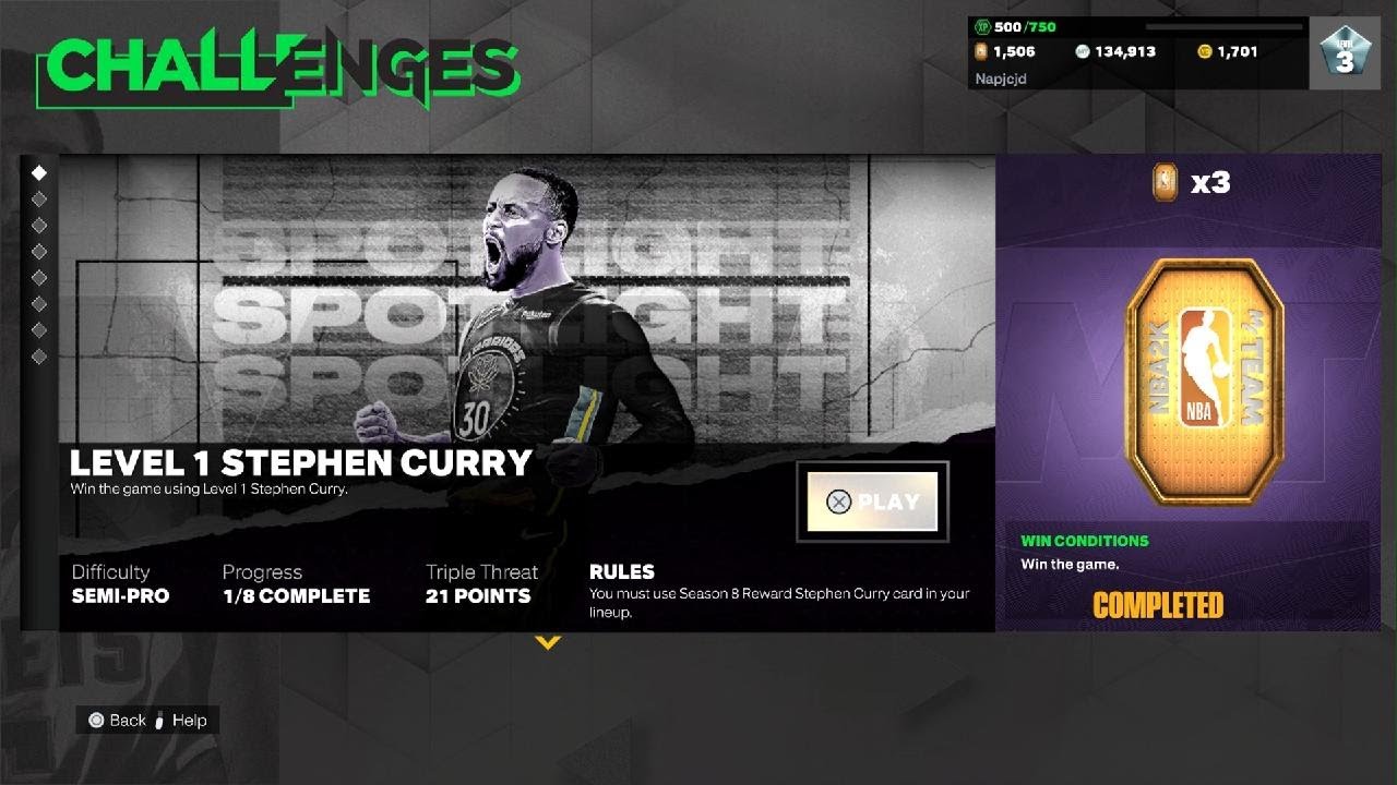 NBA 2K23 MyTEAM Level 1 Stephen Curry Season 8 Rewards Spotlight Challenge
