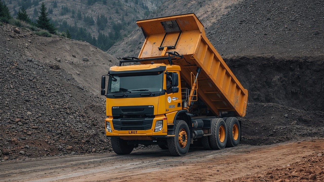 Video of Dump truck unloading sand while working with a crane and an excavator - Dump Truck Sound