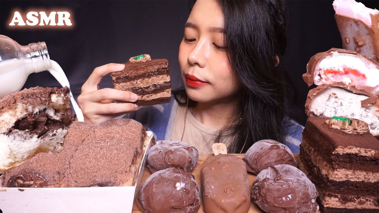 ASMR Cold CHOCOLATE Treats (Crunchy Mochi ICE CREAM, Milk Bun, CAKE) 🍫 | Eating Sounds