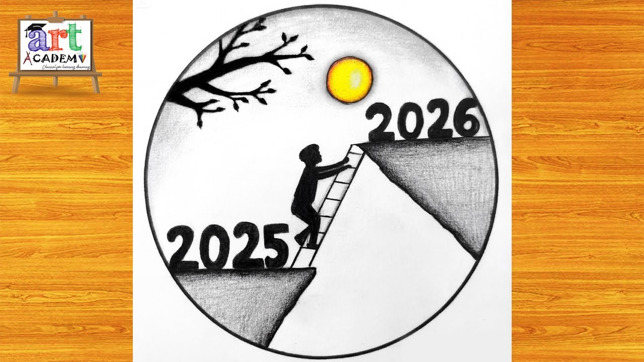 Happy New Year 2026 Drawing tutorial - Pencil Sketch / 2026 New Year Scenery drawing / Drawing 2026