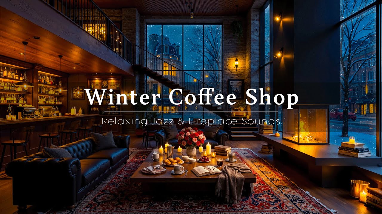Peaceful Winter Jazz in Cozy Coffee Shop Ambience ❄ Crackling Fireplace & Falling Snow for Working