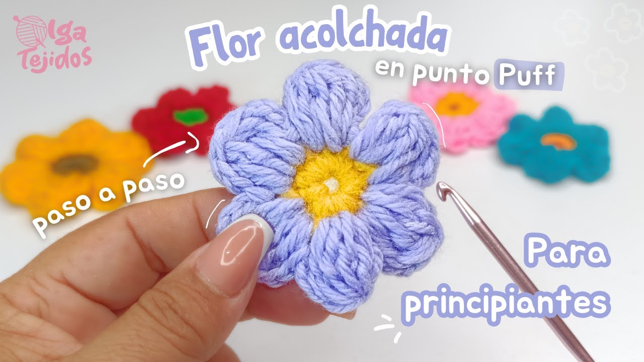 Cómo tejer una flor Súper Fácil | Paso a paso | Punto Puff | Olga Tejidos