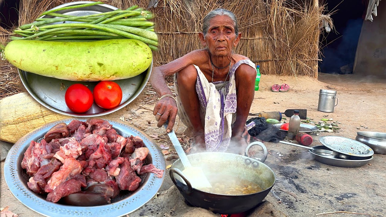 Rural poor old Grandma cooking Mutton Curry with Gourd recipe and eating ||Grandma cooking Channel 