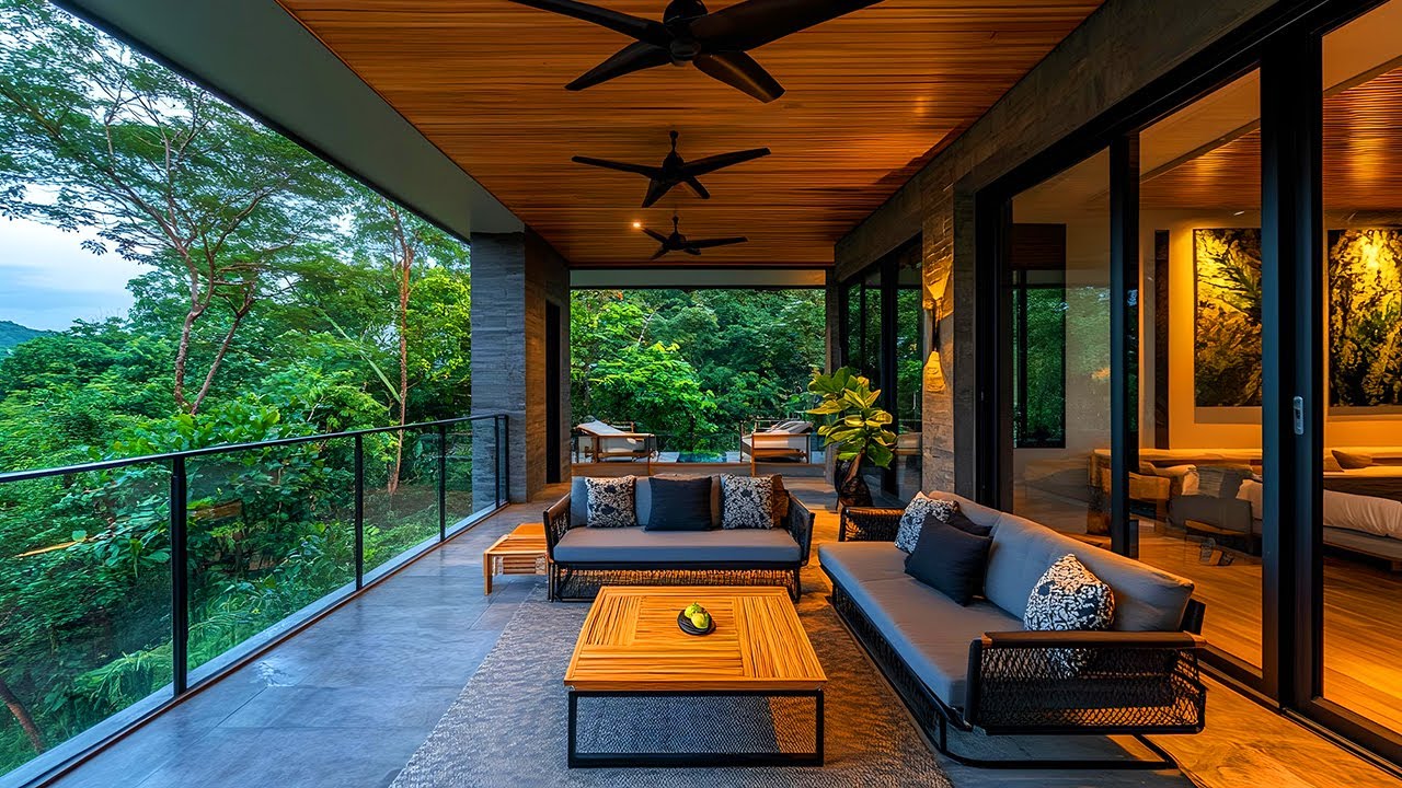 Stylish Small Guest House: Modern Luxury & Lush Tropical Courtyard with Bold Black Accents