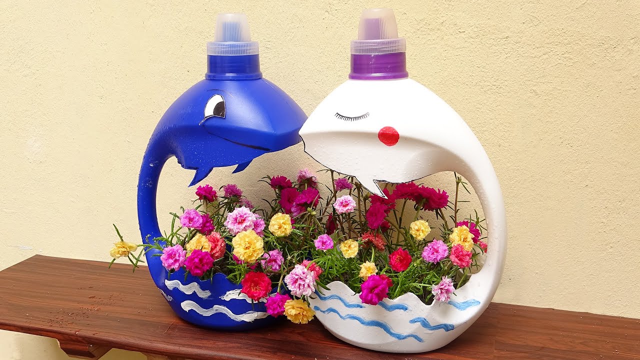 Amazing Ideas, Make Beautiful Dolphin Flower Pot From Discarded Plastic Bottles | Grow Portulaca