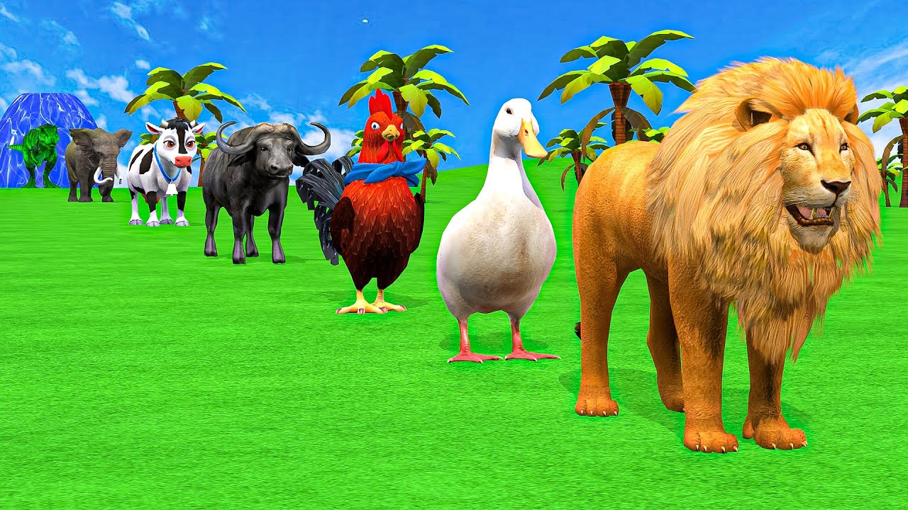 Long Slide Game With Cow Elephant Gorilla Hippopotamus Tiger - 3d Animal Game - Funny 3d Animals