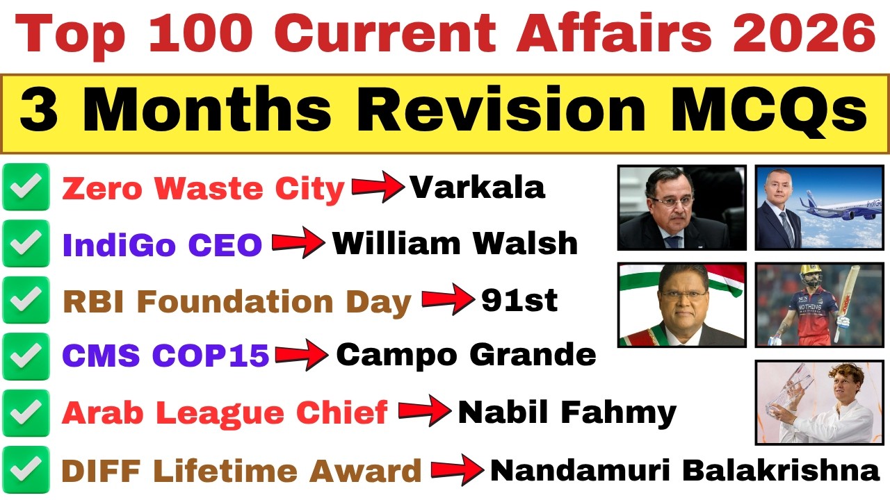 Top 100 Current Affairs MCQs 2026 | Last 3 Months Revision