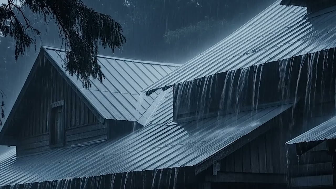 Goodbye Stress: Heavy Rain & Thunder on Tin Roof in Dark Forest at Night