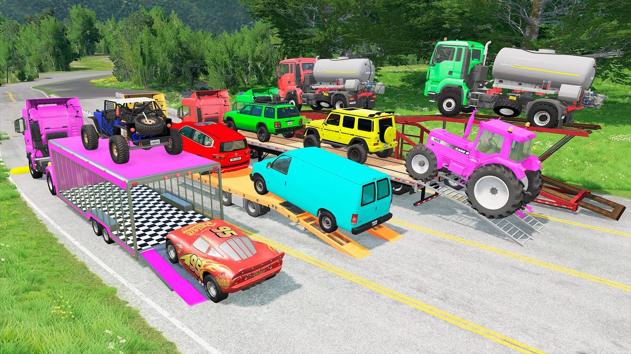 Flatbed Truck Mcqueen | Transportation with Truck - Pothole vs Car #7 - BeamNG.Drive