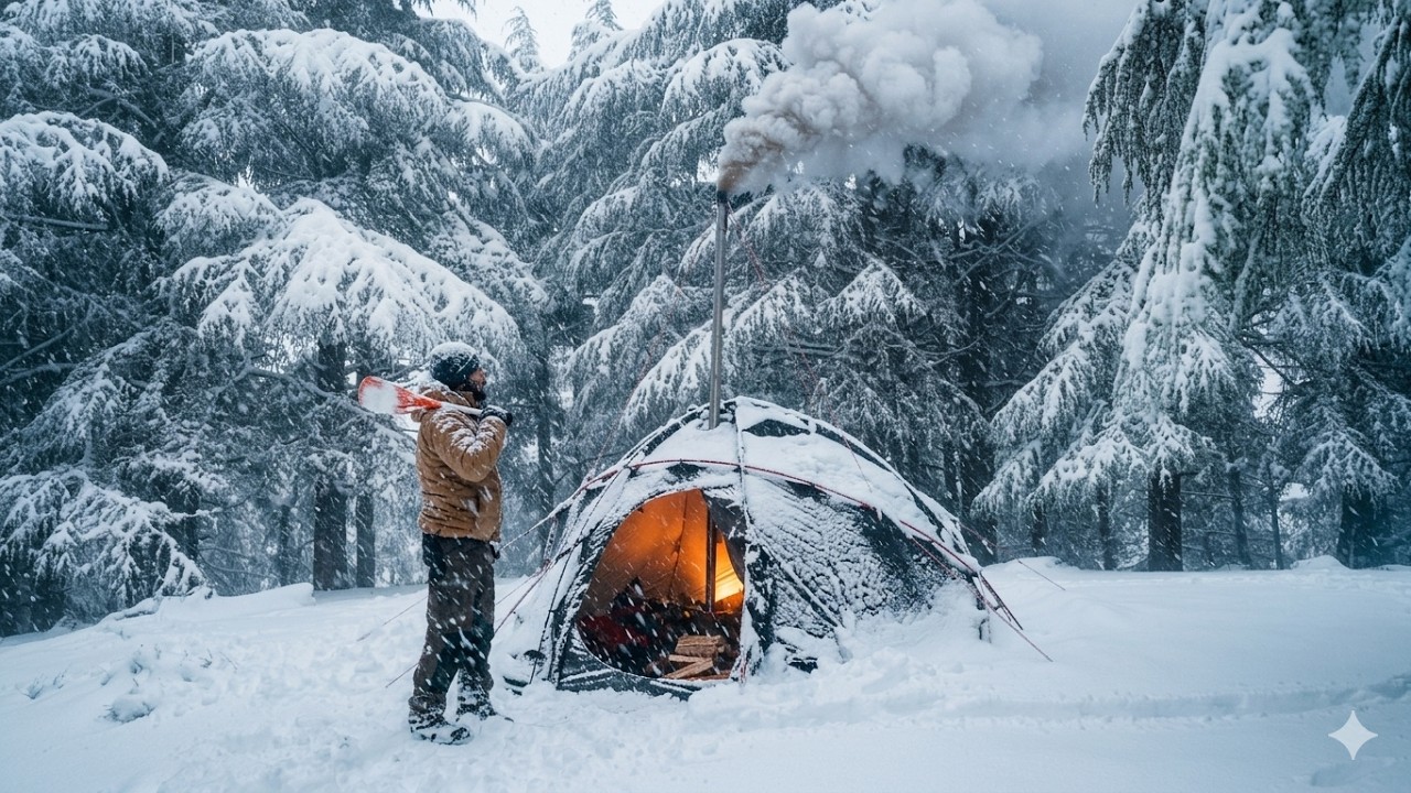 Extreme Cold Hot Tent Camping in Snowstorm | Blizzard & Wood Stove ASMR