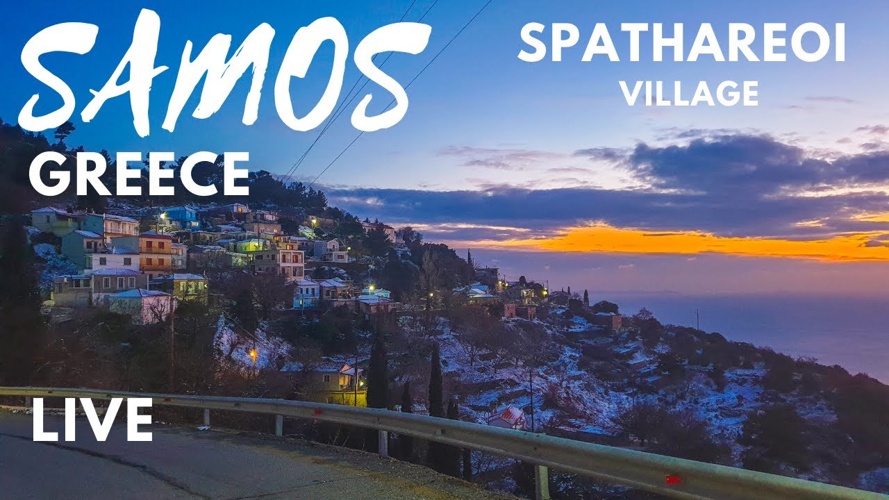 Samos Island Greece Spathareoi Village Sunset with snow Live Σάμος Σπαθαραίοι Χιόνια με Ηλιοβασίλεμα