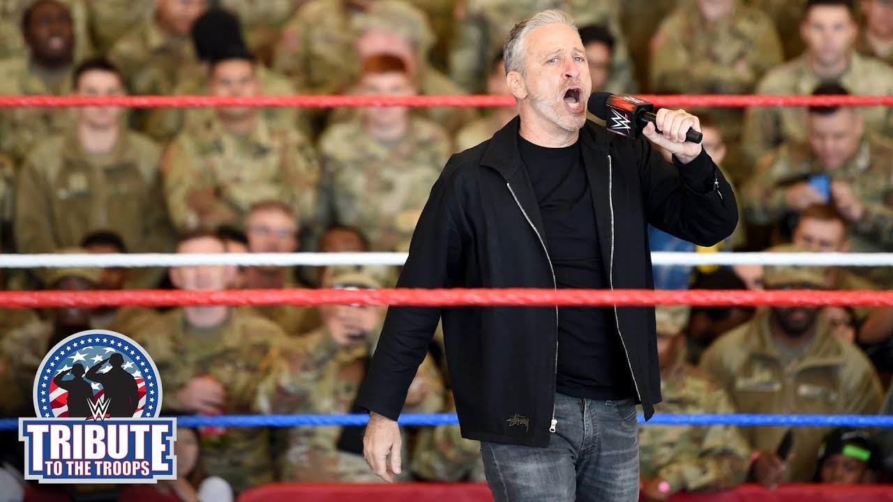 Special guest Jon Stewart laughs with the U.S. Armed Forces: Tribute to the Troops, Dec. 20, 2018