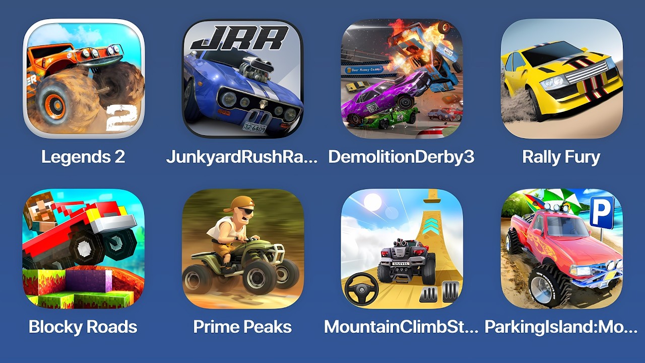 Offroad Legends 2, Junkyard Rush Racing, Demolition Derby 3, Rally Fury, Blocky Roads, Prime Peaks,