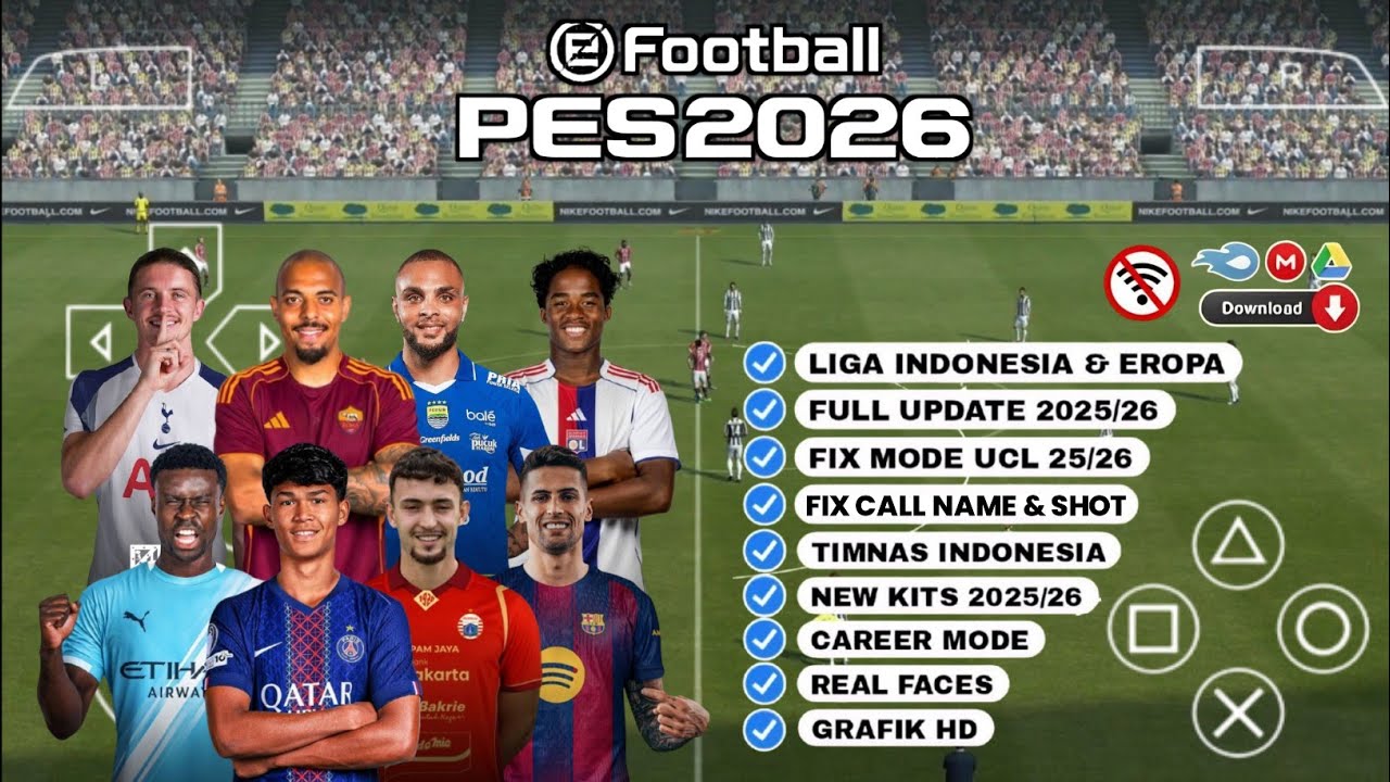 eFootball PES 2026 PPSSPP Android Offline Full Update UCL & League Kits 25/26 Season 4K Graphics