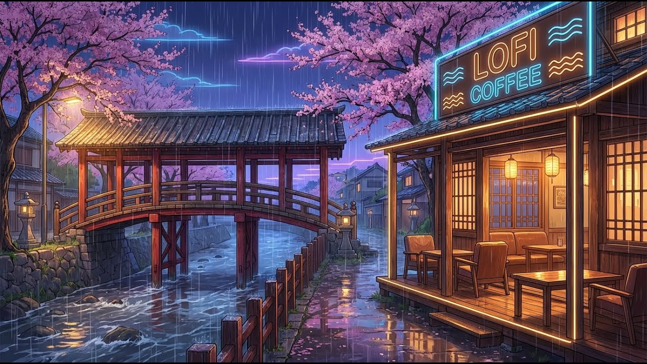 Rainy Sakura Bridge with Neon Lofi Glow 🌸🌧️ Lofi Coffee for Deep Study, Calm Focus & Late-Night Work