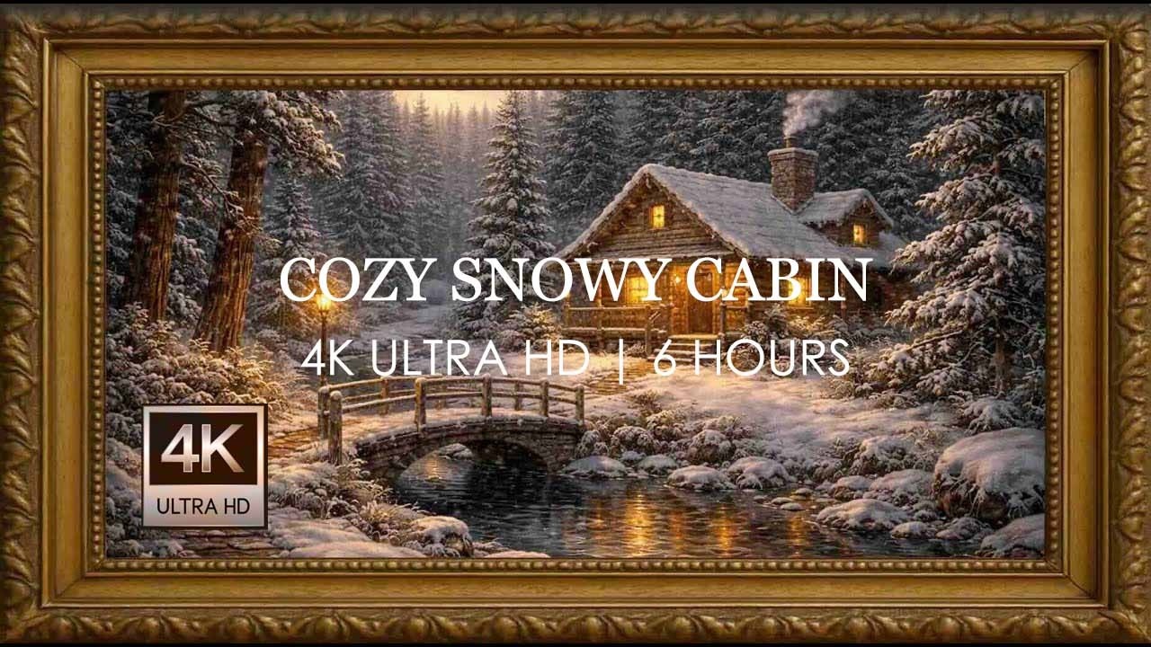 6hr | Cozy Snowy Cabin Wallpaper | 4K Winter Forest Ambience for TV Screens