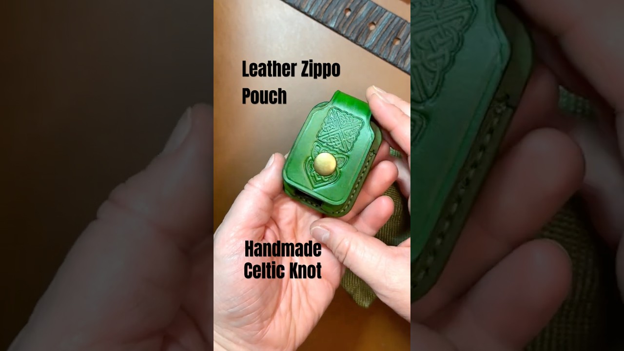 Bright Green Leather Zippo Pouch | Handmade with Celtic Embossed Design