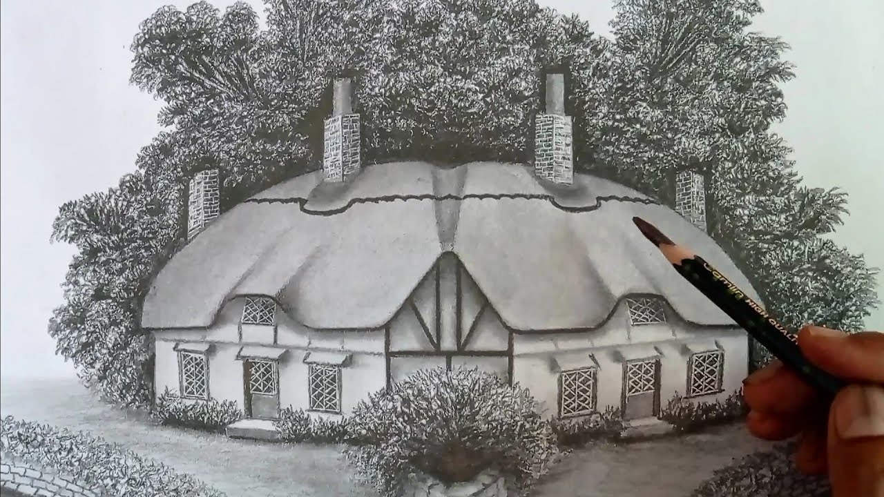 Pencil drawing tutorial/How to draw a house/ House landscape sketch/