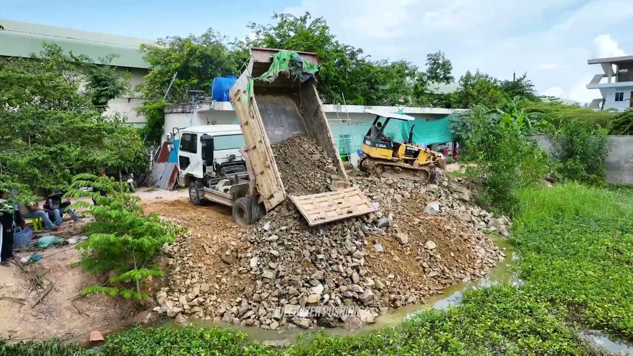 Start Landfill Project! Using Dozer D20A Pushing Stone Into Garbage Water to with Dump Truck 5Ton