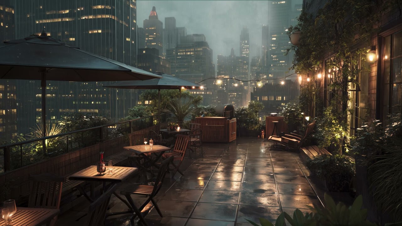 Winter Rooftop Jazz in Manhattan ❄️🌧️ Smooth Sax in Rain & Snow | Cozy Night Ambience (4K)