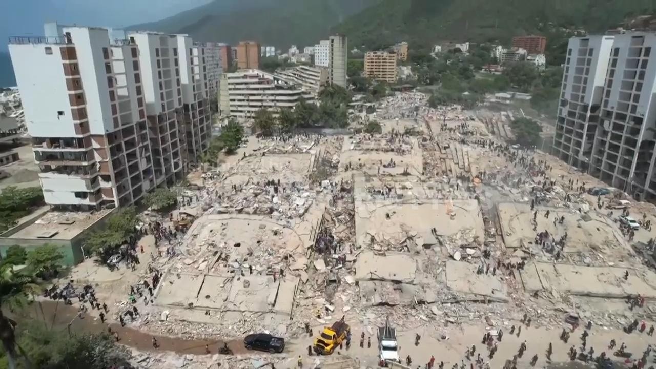 Drone video shows search through rubble of collapsed buildings in La Guaira after Venezuela quakes