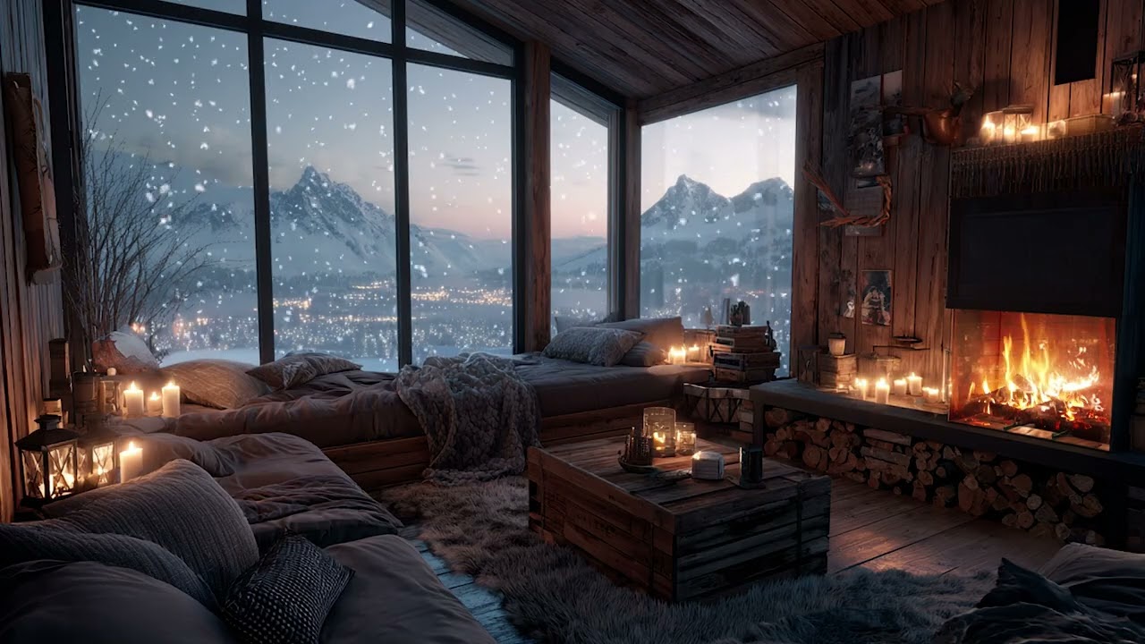 Tranquil Snowy Cabin Piano Retreat | Soft Storm Outside and Cozy Fireplace