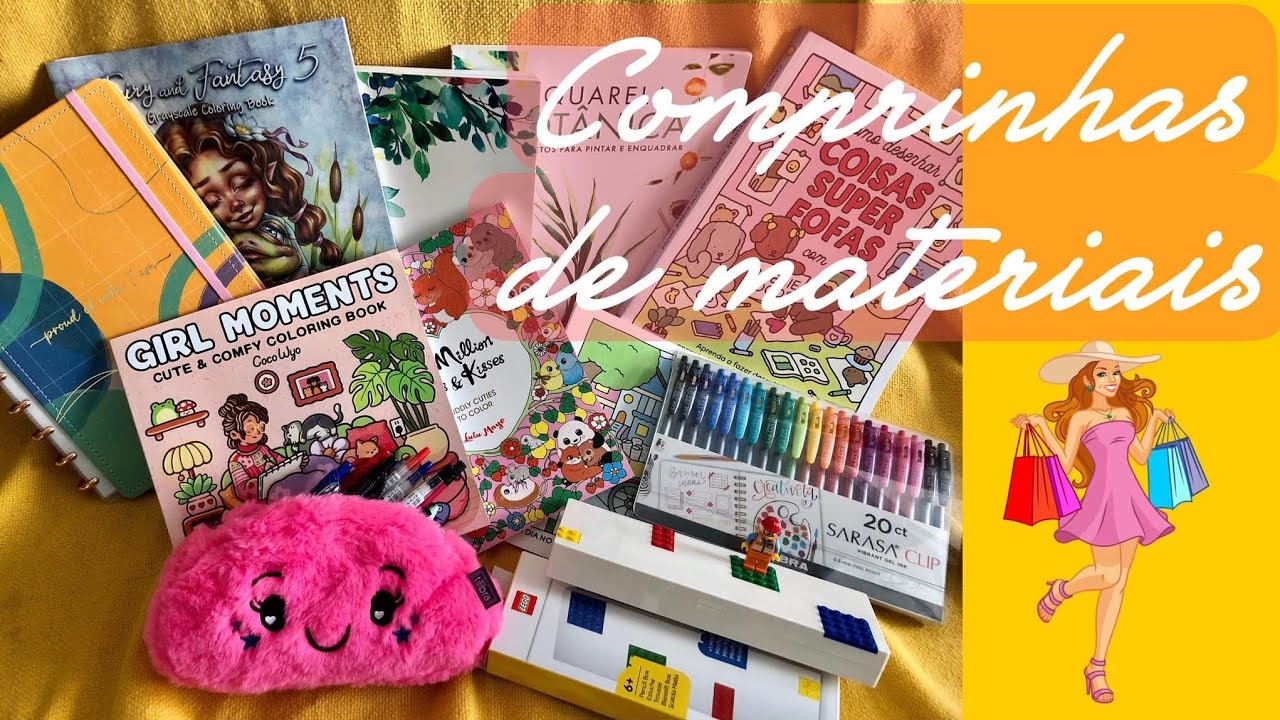 PARTE 1 Comprinhas/ unboxing de materiais/ Livros de Colorir e sobre Aquarela/ cadernos e estojos 