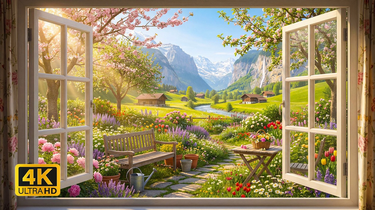 4K Spring Window View 🌸🌞 Peaceful Garden Ambience, Nature Sounds & Birds for Deep Relaxation
