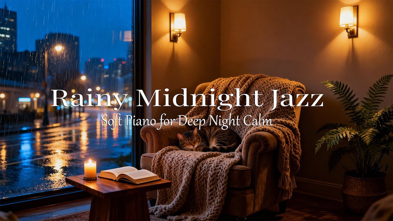 Regnig midnattsjazz vid fönstret 🌧️ Varmt levande ljus, stadsregn och mjukt piano