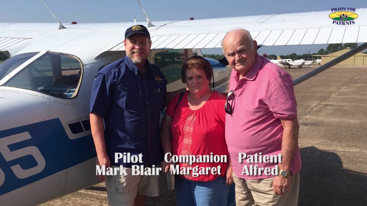 Volunteer pilot Mark Blair flying patient Calhoun and companion Margaret