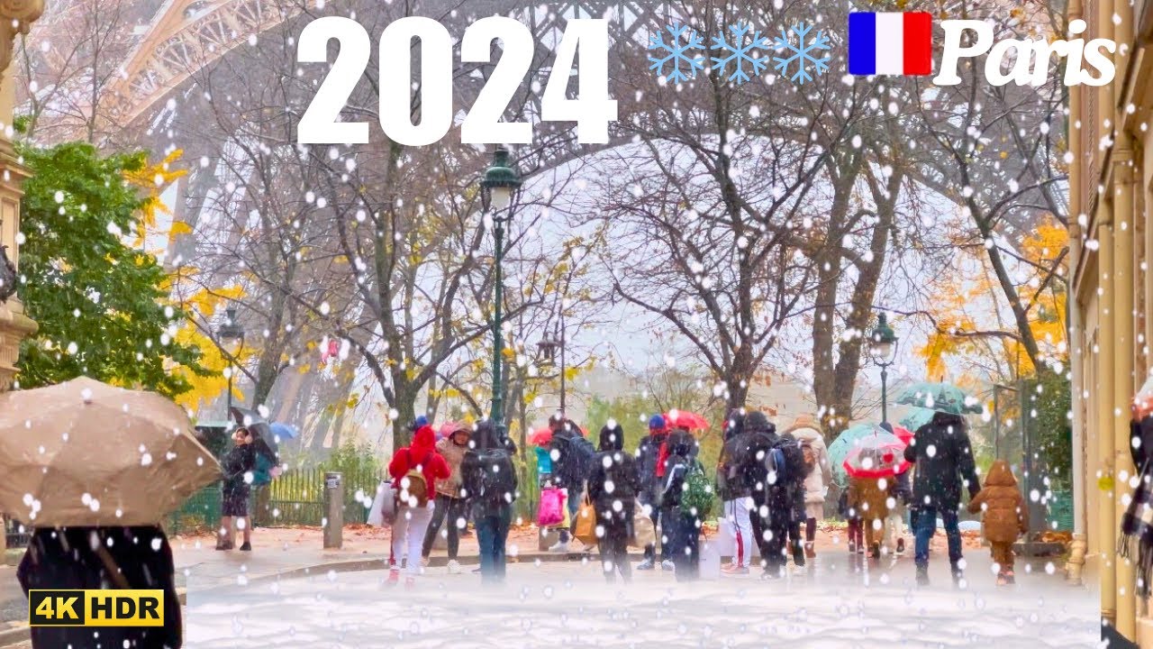 [4K] HDR Paris 🇫🇷 France 2024 Novembre 21 Today Snow ❄️❄️❄️ Fall Eiffel Tower walk Tour 1 °C 🥶