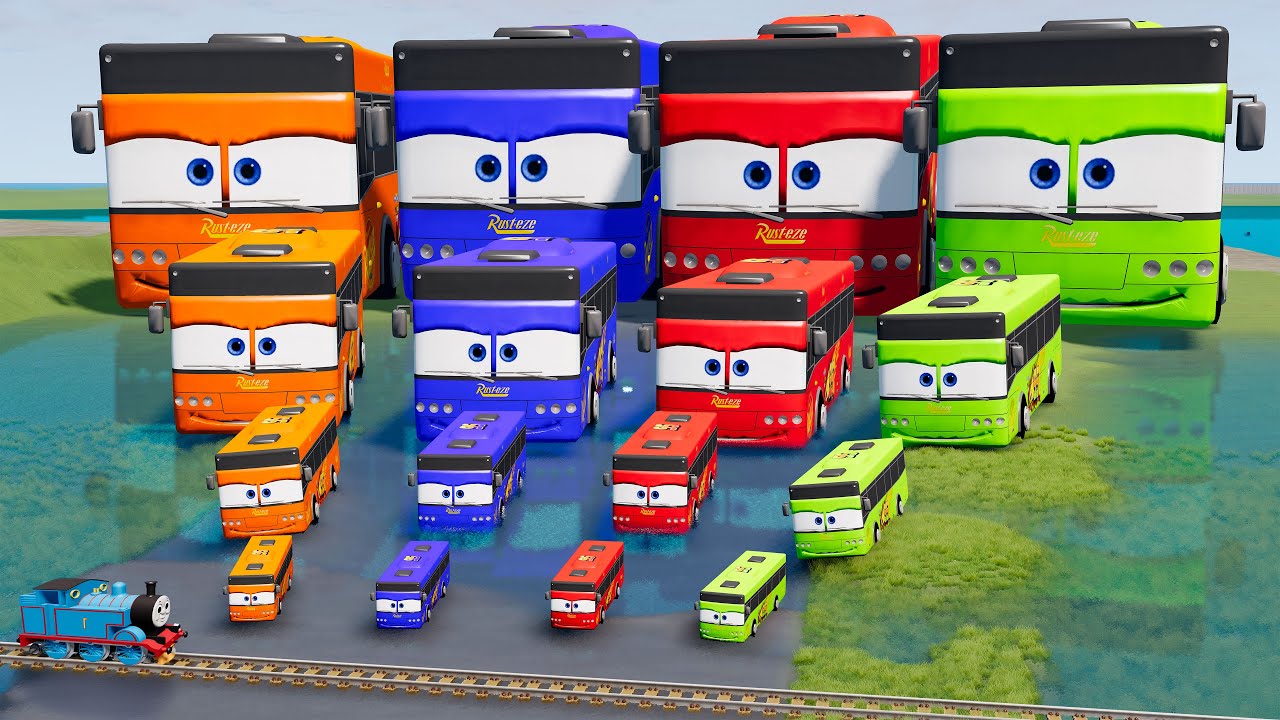 Big & Small Colors Buses Lightning Mcqueens vs Trains | BeamNG.Drive