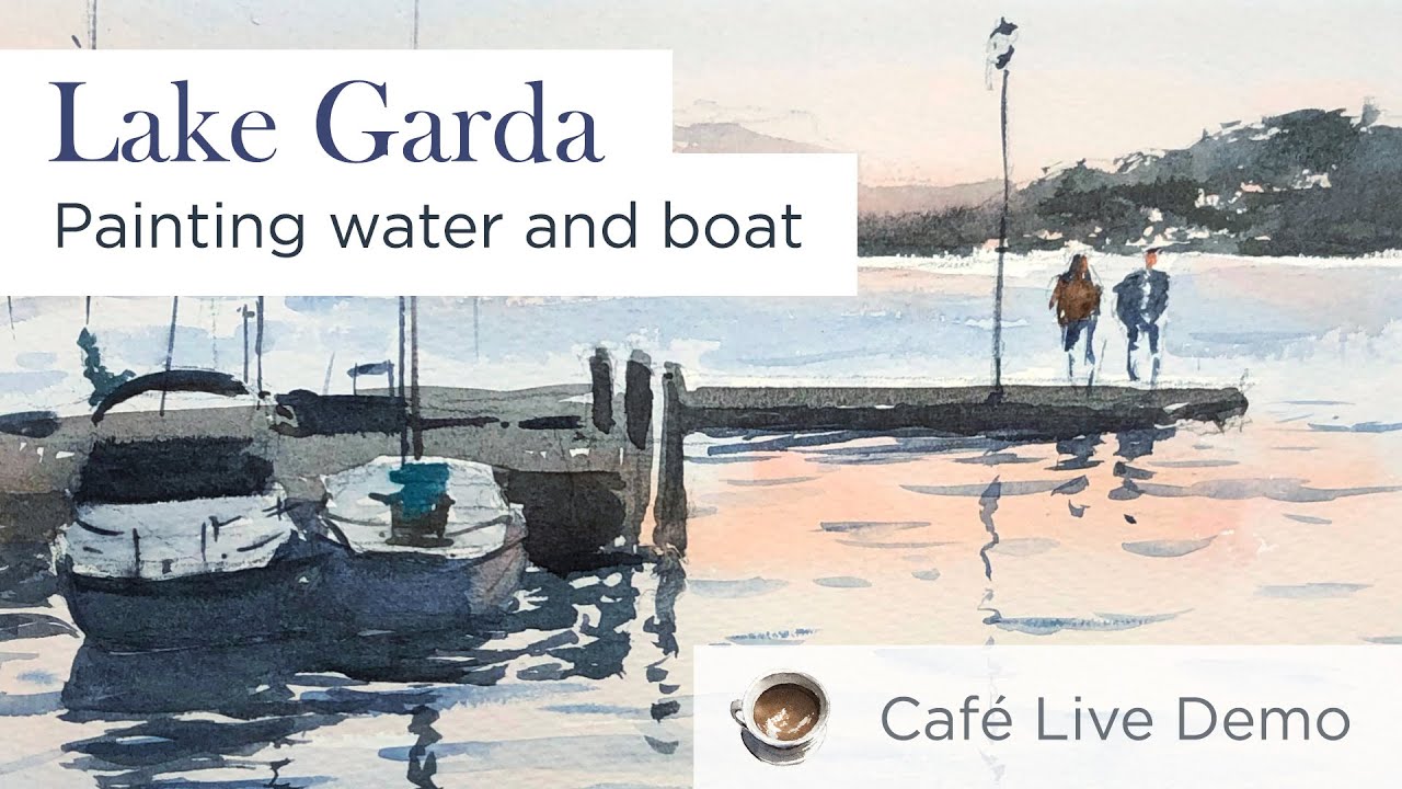 [Café  Live] 50 minutes watercolor painting - painting simple water scene - Lake Garda -