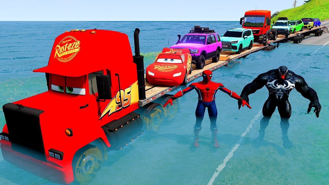 Triple Flatbed Trailer McQueen Transportation with Truck   Speedbumps vs Cars vs Train   BeamNG #4