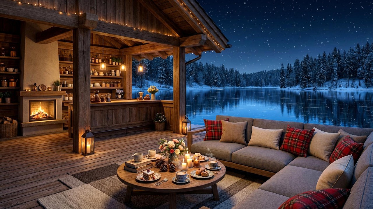 Cozy Night Coffee Shop ❄️ Smooth Jazz & Fireplace Relax