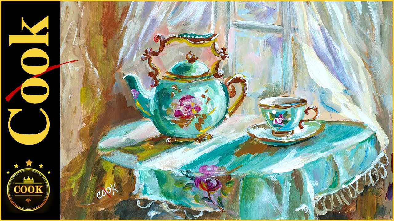 How to Paint a Floral Tea Pot and Cup With Morning light Acrylic Painting Techniques #paintingteapot