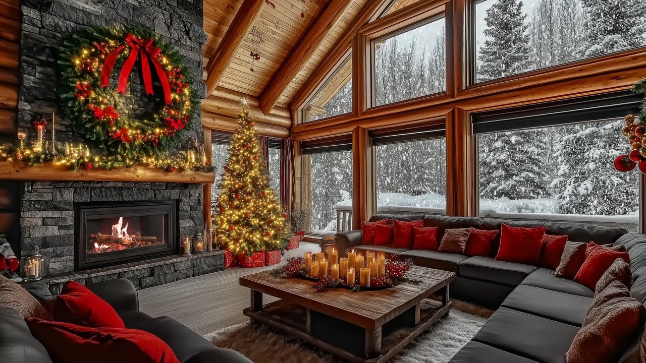 Magical Christmas Dawn in Snowy Winter | Relaxing Fireplace Glow & Christmas Jazz Piano Playlist
