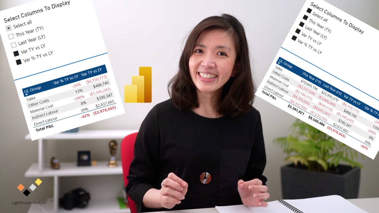 Отчет Power BI P&L с возможностью скрытия/отображения столбцов с помощью параметра «Поля» (Alt дл...