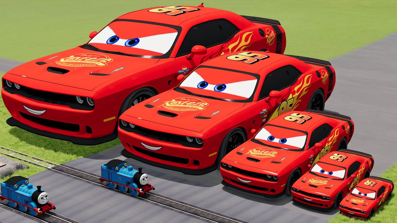 Big & Small RED Dodge Challenger SRT Hellcat Lightning McQueen VS Trains Thomas | BeamNG.drive