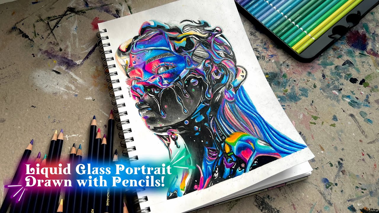 Drawing a Liquid Glass Portrait with Coloured Pencils | Surreal Art Timelapse