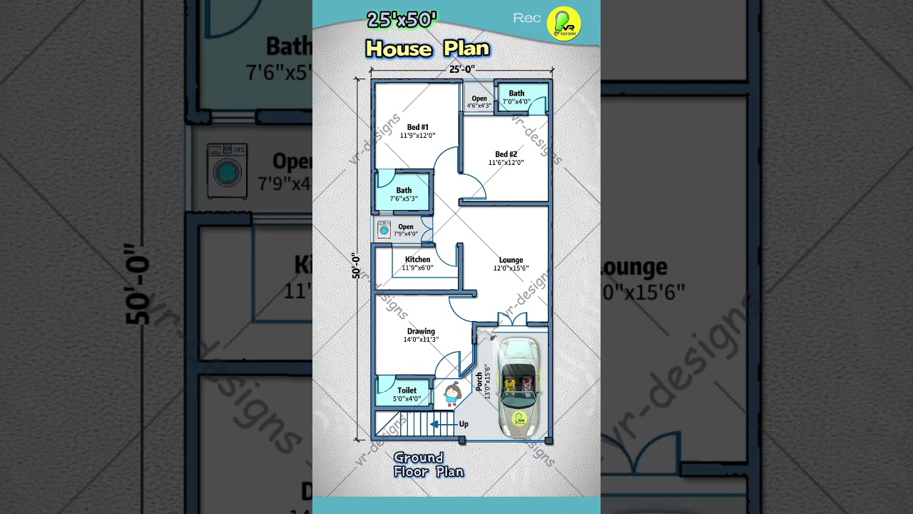 25×50 house plan with car parking, 2 bhk house design, 25’ by 50’ house map, 25*50 home plan