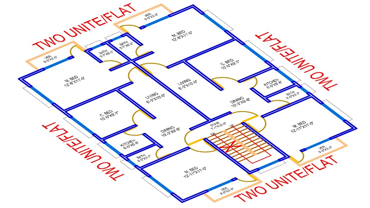 HOUSE PLAN DESIGN | EP 254 | 1500 SQUARE FT TWO-UNIT / FLAT HOUSE PLAN | LAYOUT PLAN