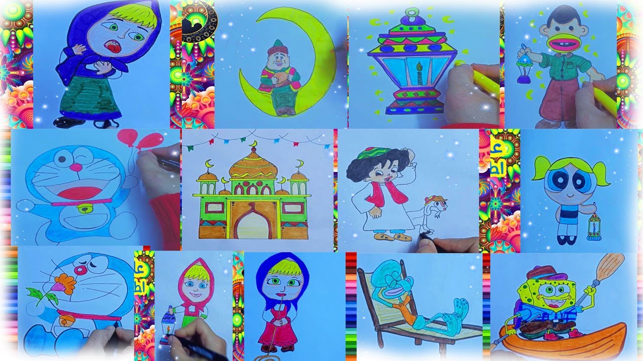 رسوماتى الأخيرة فى القناة 🥰سبونج بوب وماشا وداريمون ورسومات رمضان ⭐🌙⭐