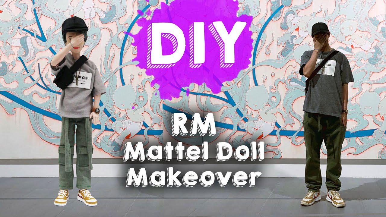 DIY BTS RM MATTEL MAKEOVER!*repaint, shirt, pants, cap, shoes, bag, watch, necklace, bracelet, prop*