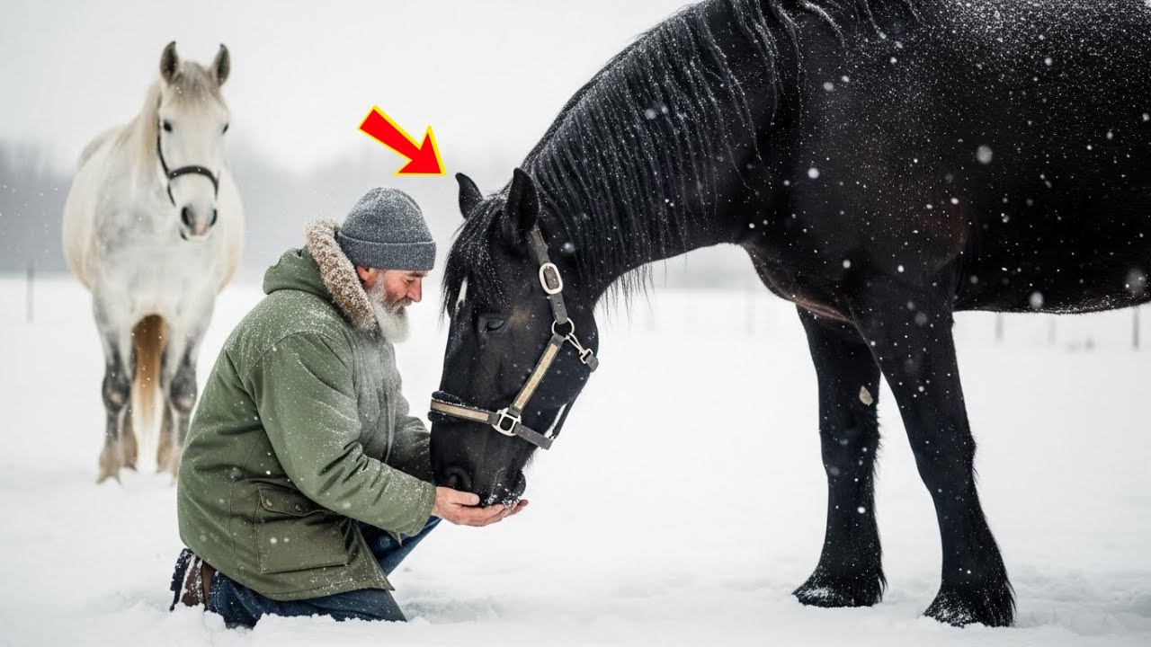 Veteran entdeckt zwei riesige Pferde im Schneesturm – was der schwarze Hengst tat, brach ihn