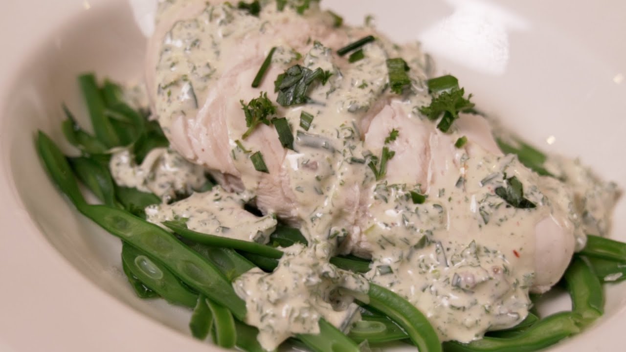 POACHED CHICKEN SALAD w/ squeaky green beans & Green Goddess dressing