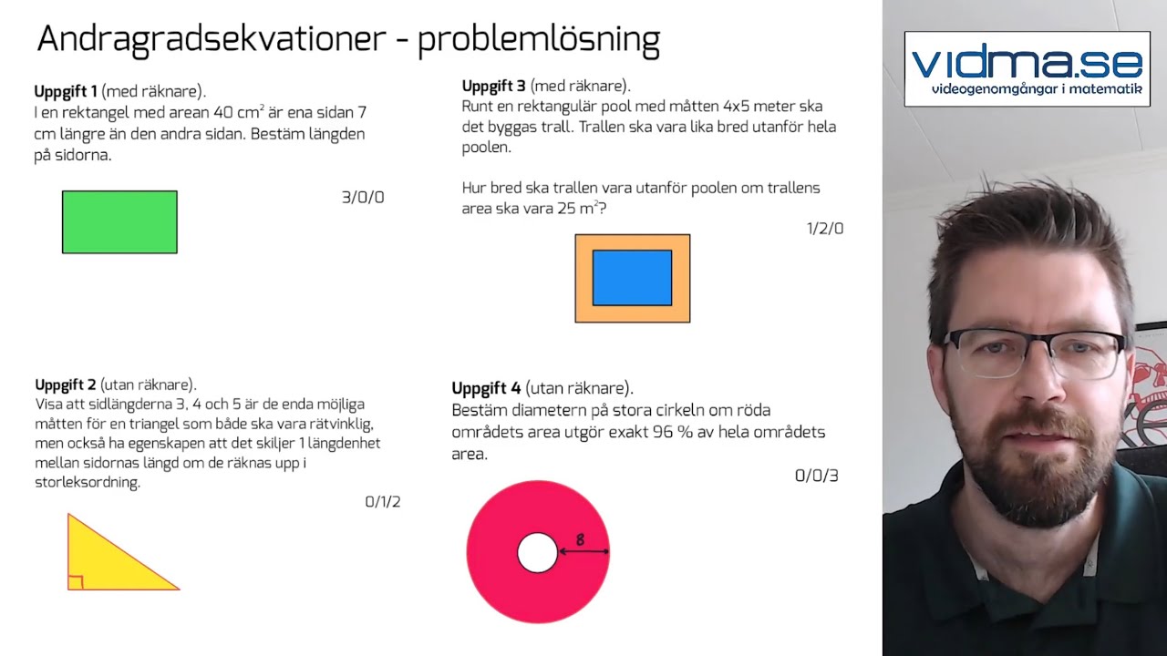 Matematik 2. PROBLEMLÖSNING ANDRAGRADSEKVATIONER. E- C- och A-uppgifter.