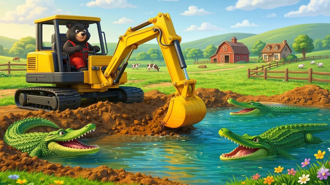 🐊 Oh No! Too Many Crocodiles in the Pond… Bear Farmer Builds a New One! 🐻🚜 | Vehicles Farm Animated